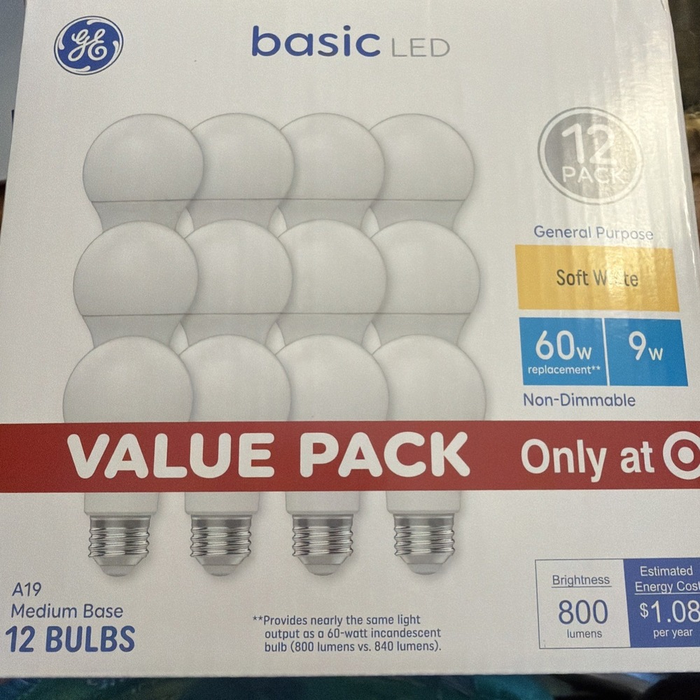 GE BASIC LED A19 SOFT WHITE 60 WATT EQUIVALENT LIGHT BULB 800 LUMENS 12 PACK NEW
